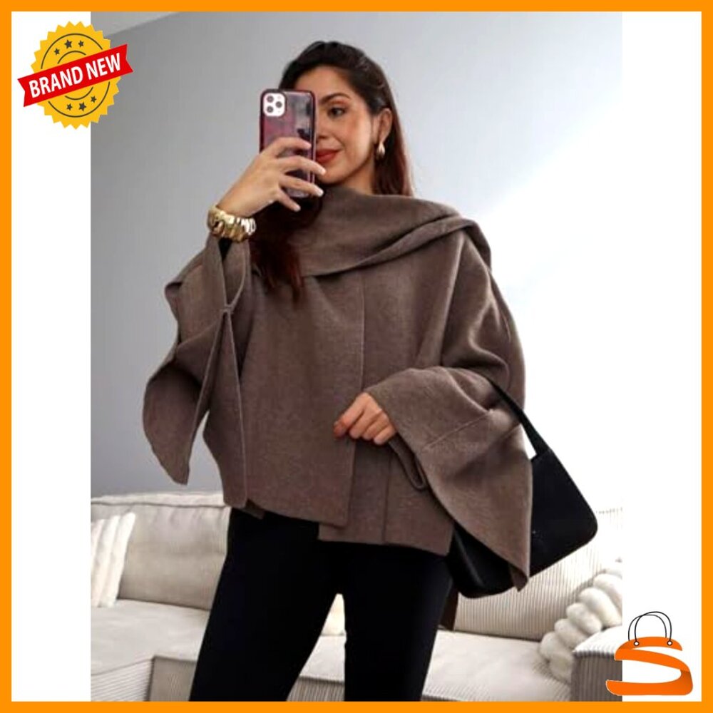 Oversized Scarf Jacket Knit Peacoat Long Sleeve Button Winter Wrap Chic Minimal - Picture 3 of 6